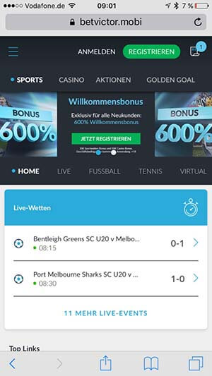 BetVictor Mobil Startseite