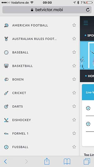 BetVictor Mobil Sportarten