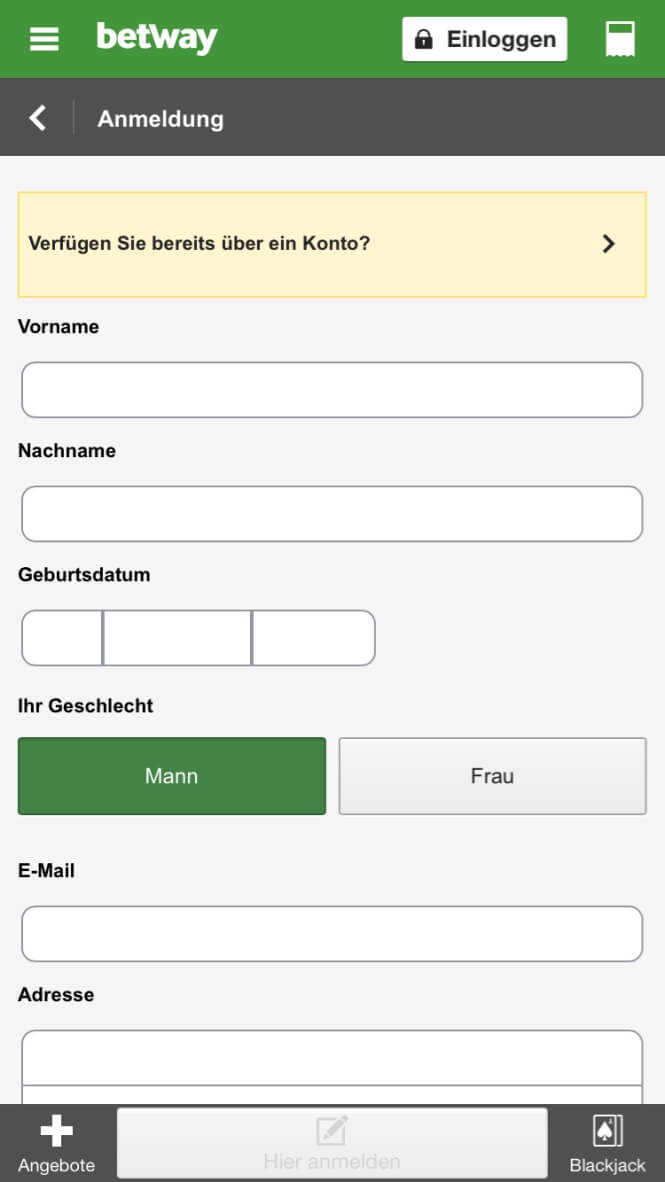 Betway App Registrierung