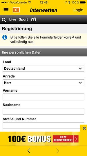 Interwetten App Registrierung