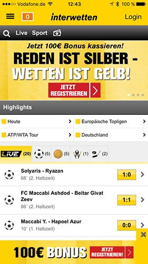 Interwetten App Startseite
