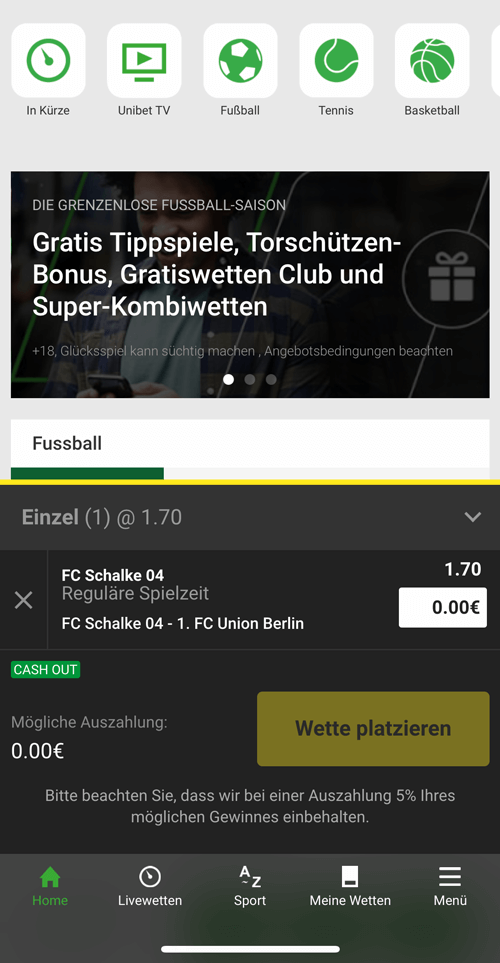 Unibet App Startseite und Wettschein