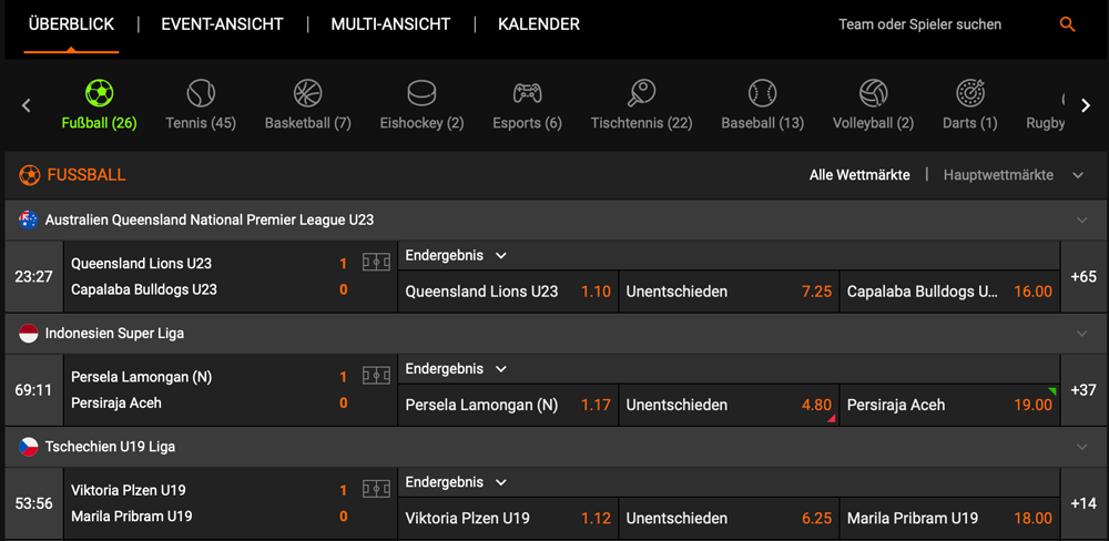 Betonic Livewetten Übersichtsseite