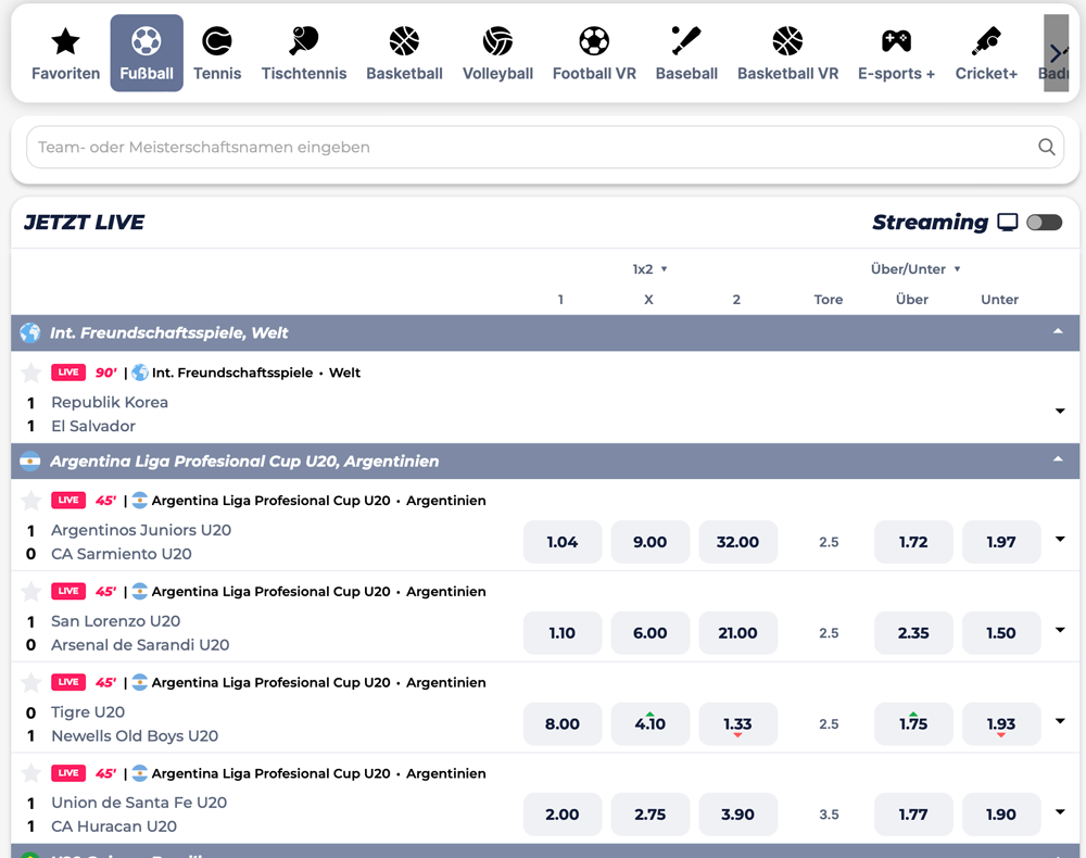 Livewetten Übersicht von Greatwin